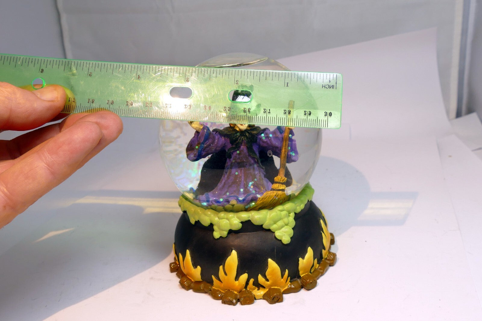 Halloween Snow Water Globe  Ball 3" Witch burning on fire with bats broom