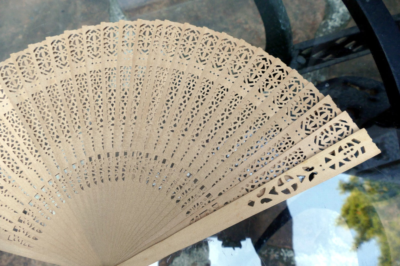 Japanese hand folding fan, bamboo ornate hand carved wood
