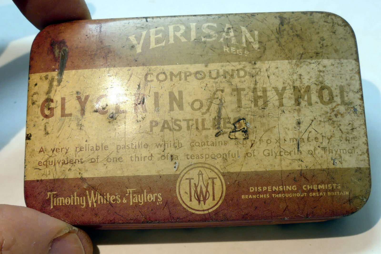Empty tin verisan compound glycerin of thymol pastilles boots england uk