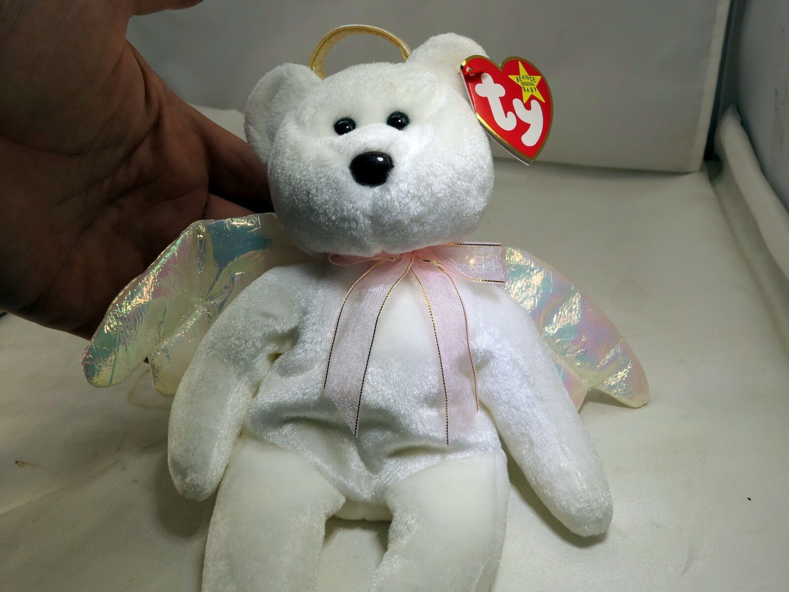 TY Beanie Babies HALO white Teddy Bear - mint with tag Brown nose black eyes