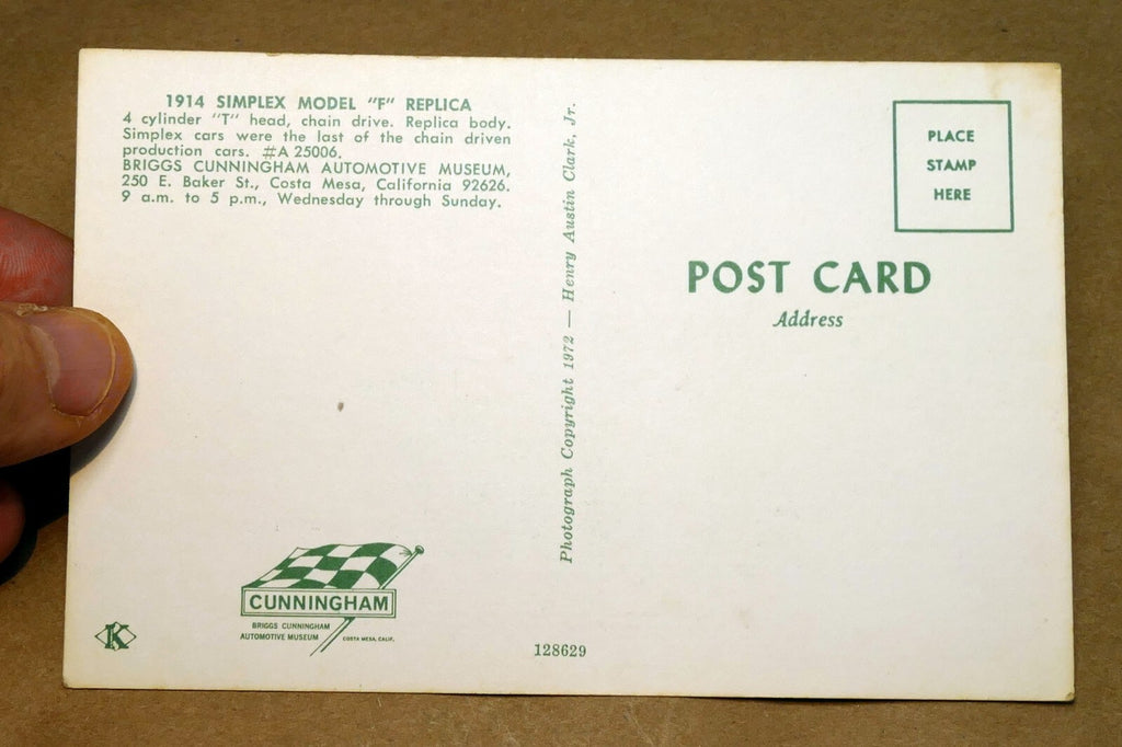 Unposted Postcard 1914 Simplex Model "F" Replica Car from Briggs Museum 1972