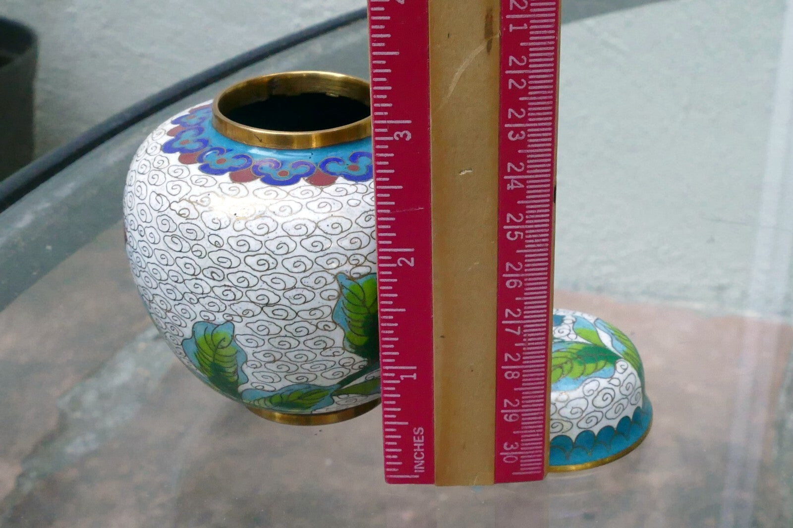 Cloisonne Ginger Jar with top lid enamel brass 3X3.5" small