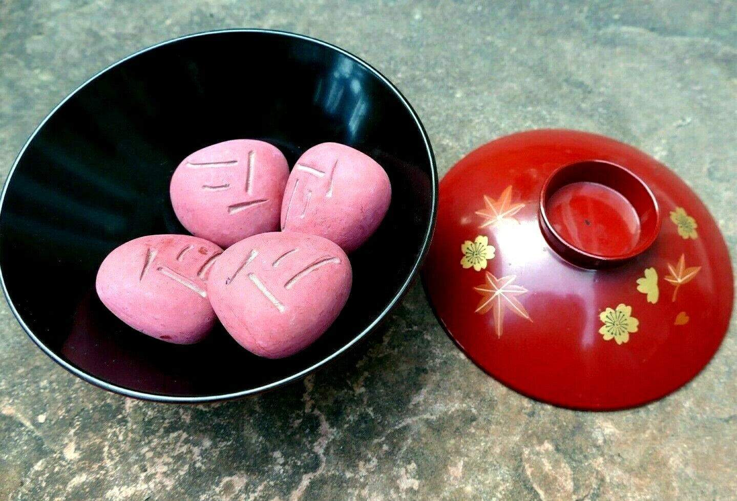 Japanese massage stones with a bowl vintage pink red