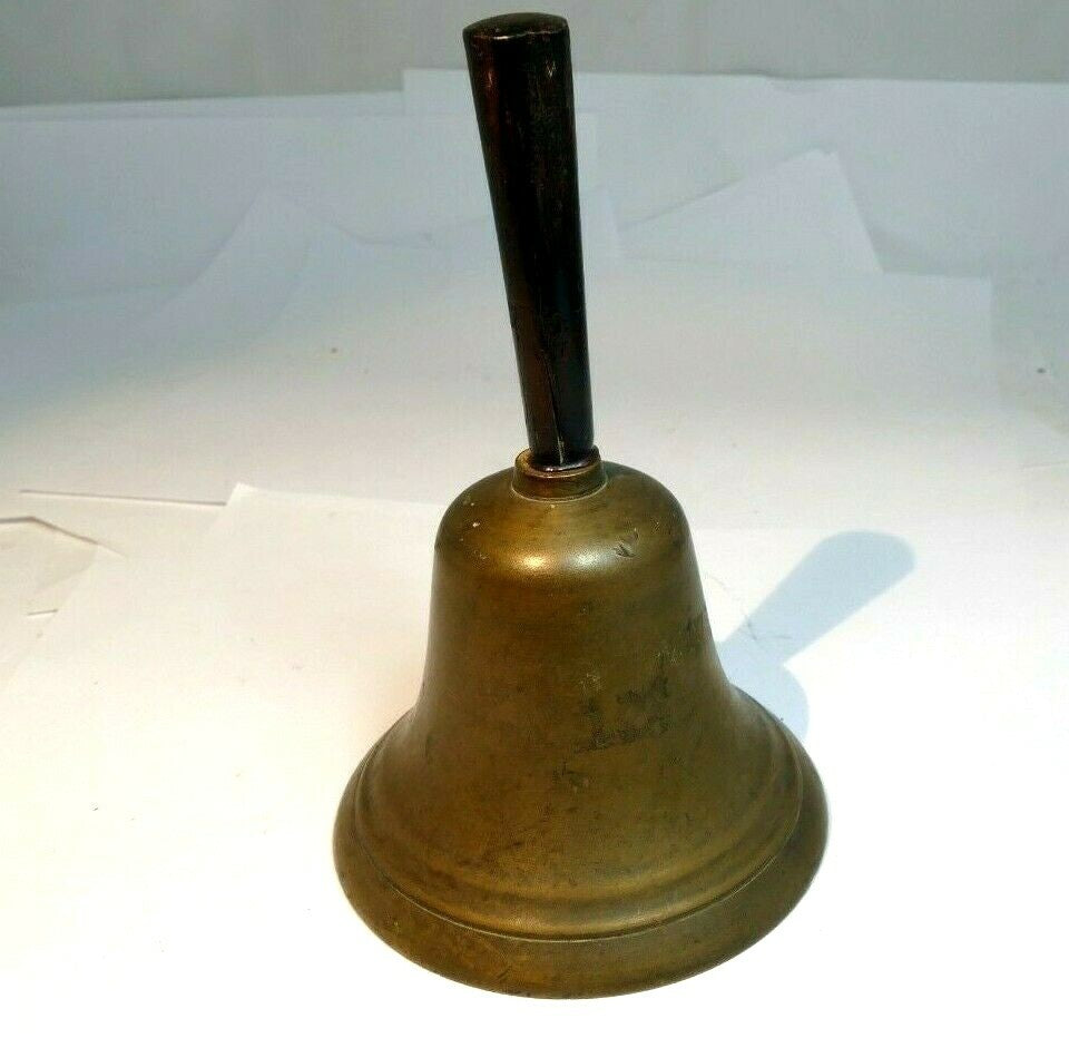 3" solid brass hand held school diner bell with wooden handle