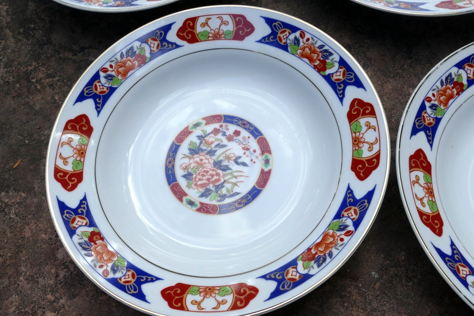 5 TTC China 8" Round SOUP Plate Gold trim TTN1 Red-Blue Floral made in Japan