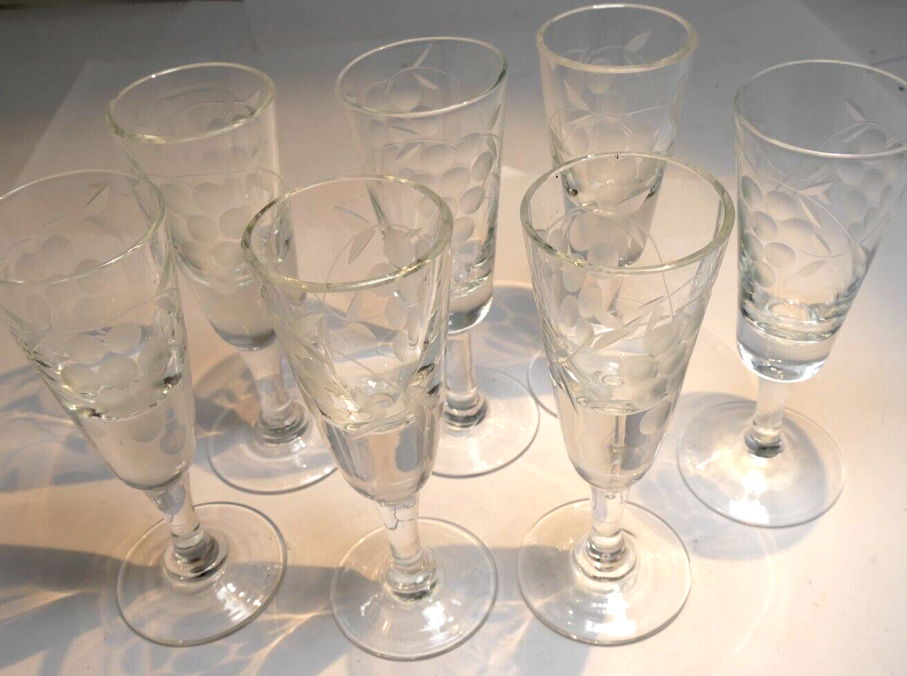 Lot of 7 clear crystal goblets cut grape ridges 1 oz footed goblet small set