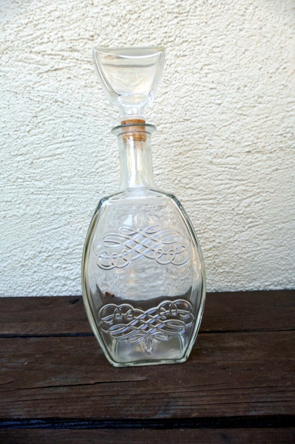 1 liter glass decanter with stopper 11" tall oval ornamented whiskey