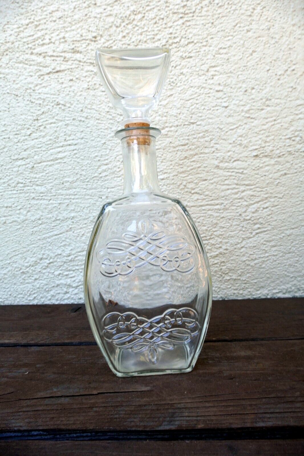 1 liter glass decanter with stopper 11" tall oval ornamented whiskey