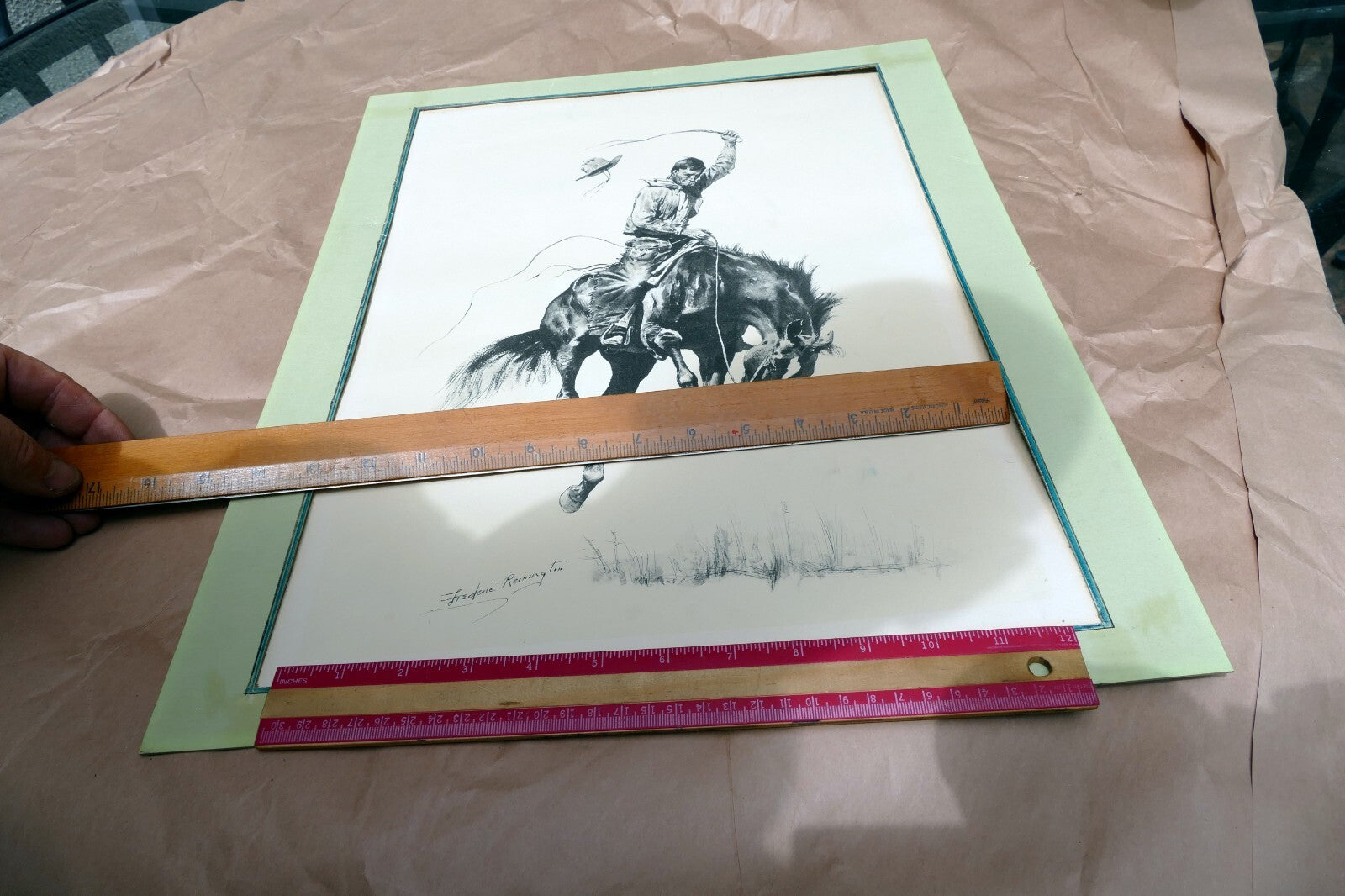 Running Bucker signed Frederic Remington cowboy on a bronco unframed 13X17"