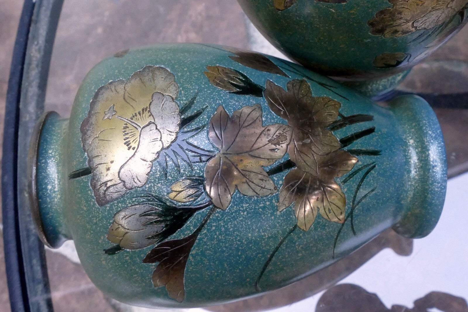 Pair Of Antique Japanese Brass Vases set of two mixed metal