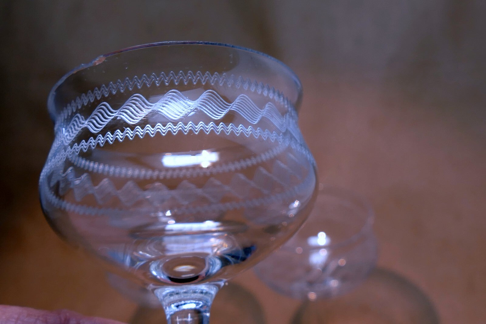 Set of 3 Fostoria Wave Needle Etched 4 1/3" Handled Goblets Cordial crystal lot