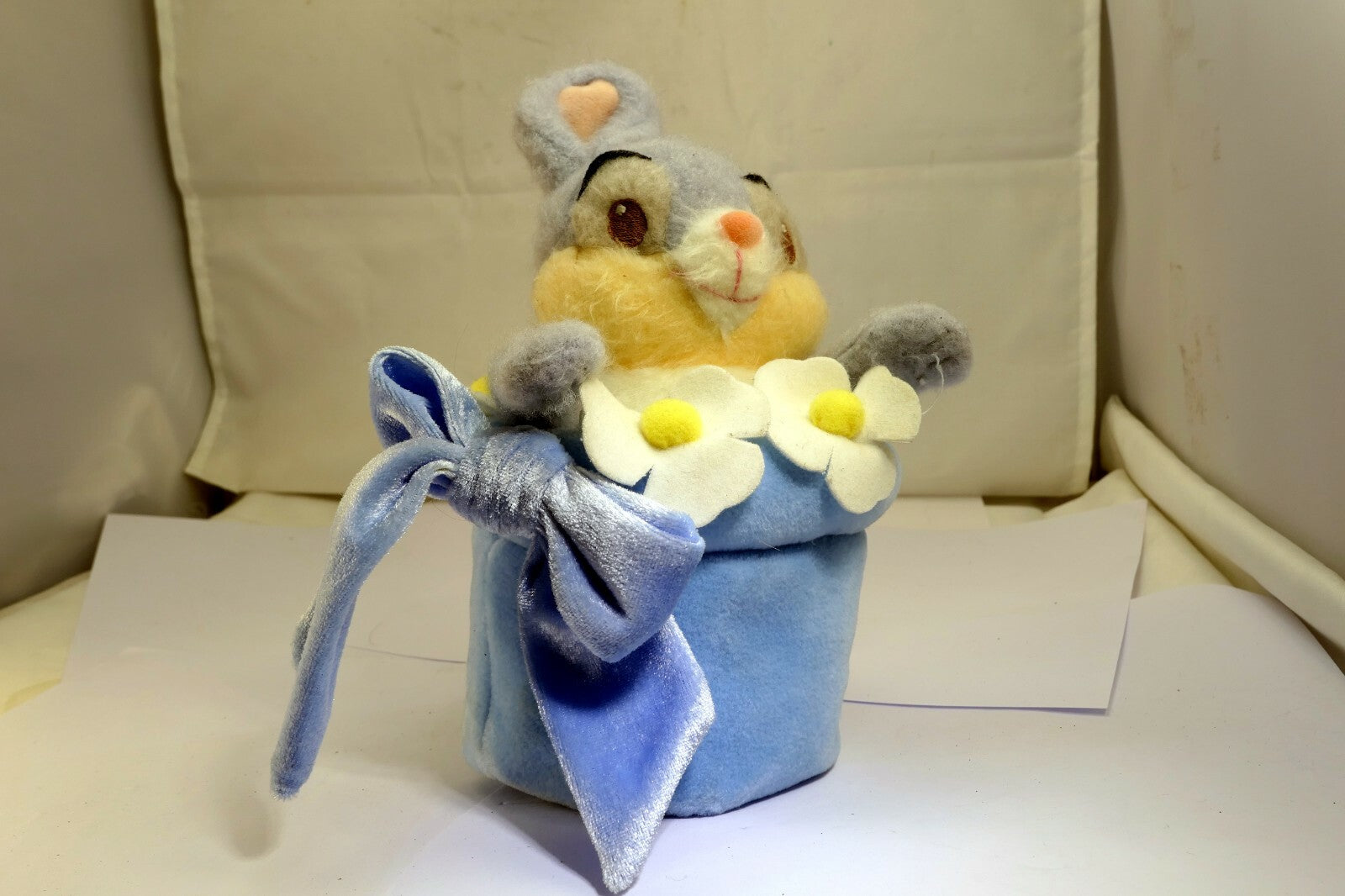 Easter bunny 7" push toy rabbit with white flowers blue hat