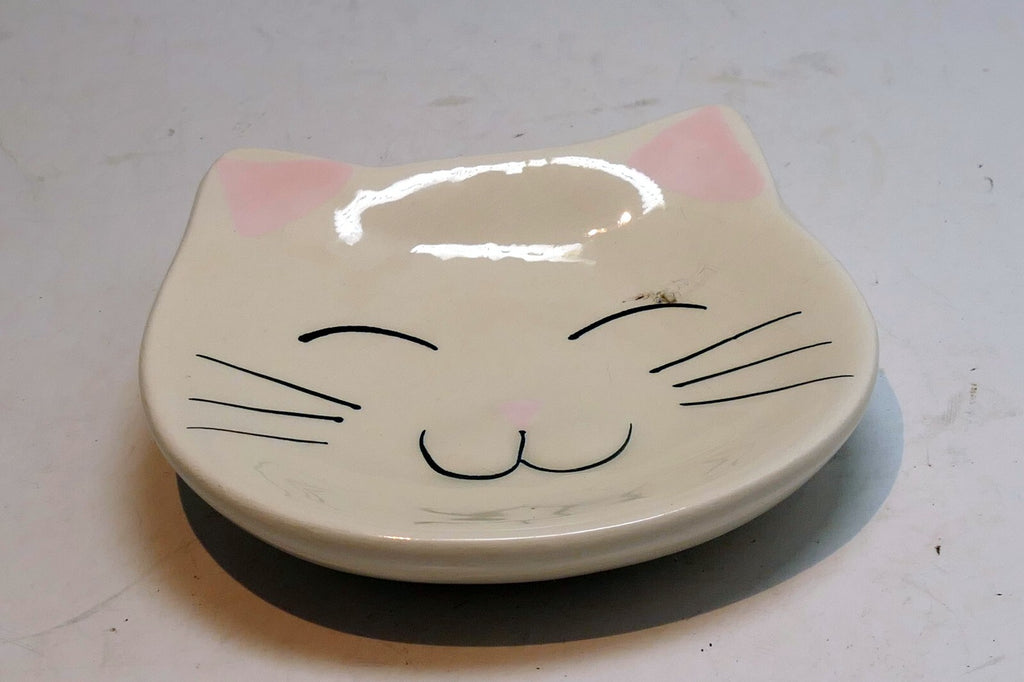Small dish, tea bag plate, ceramic cat shaped pink white smiling cat