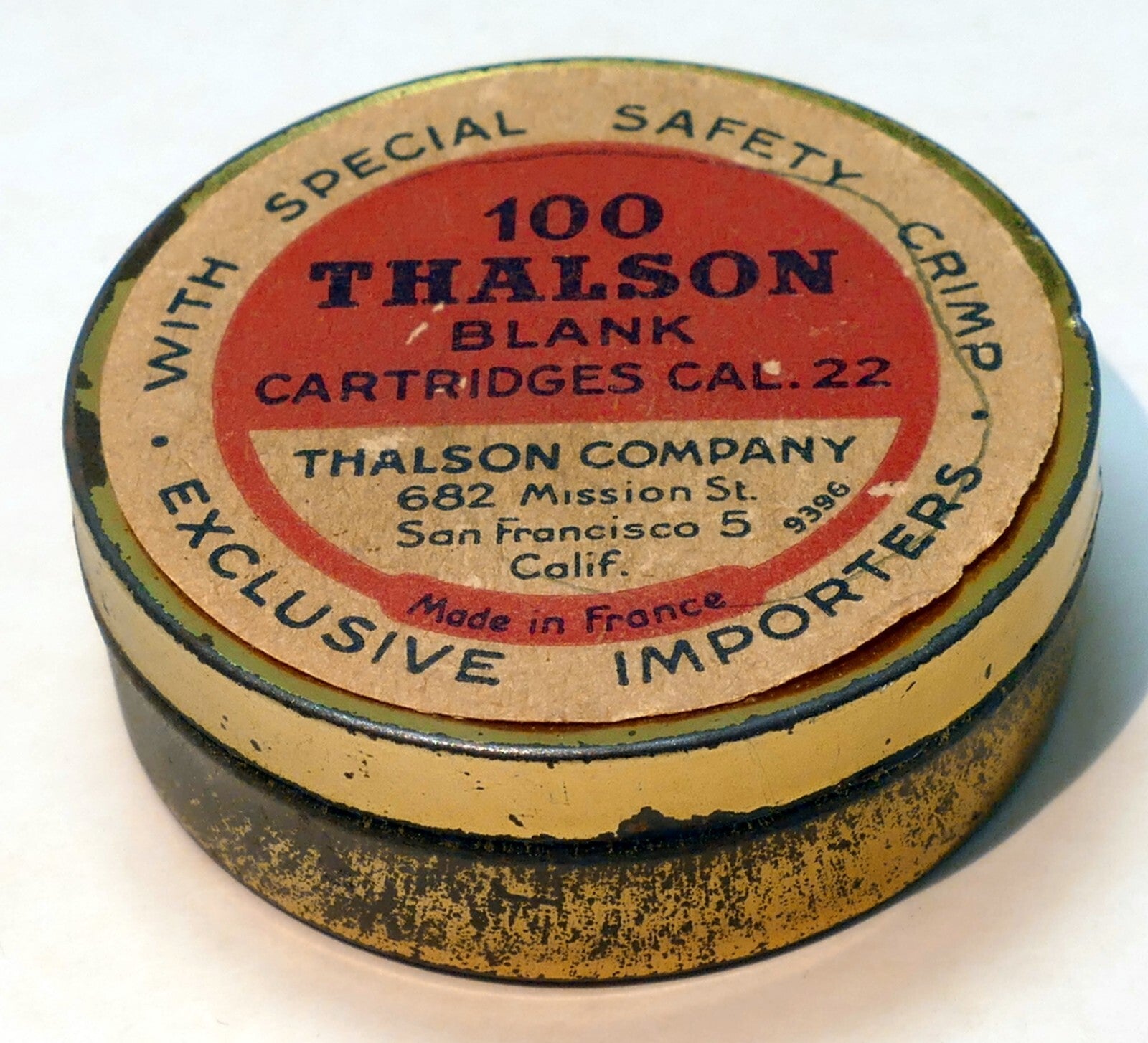100 thalson blank cartridges cal .22 0.22 mm antique empty tin san francisco ca