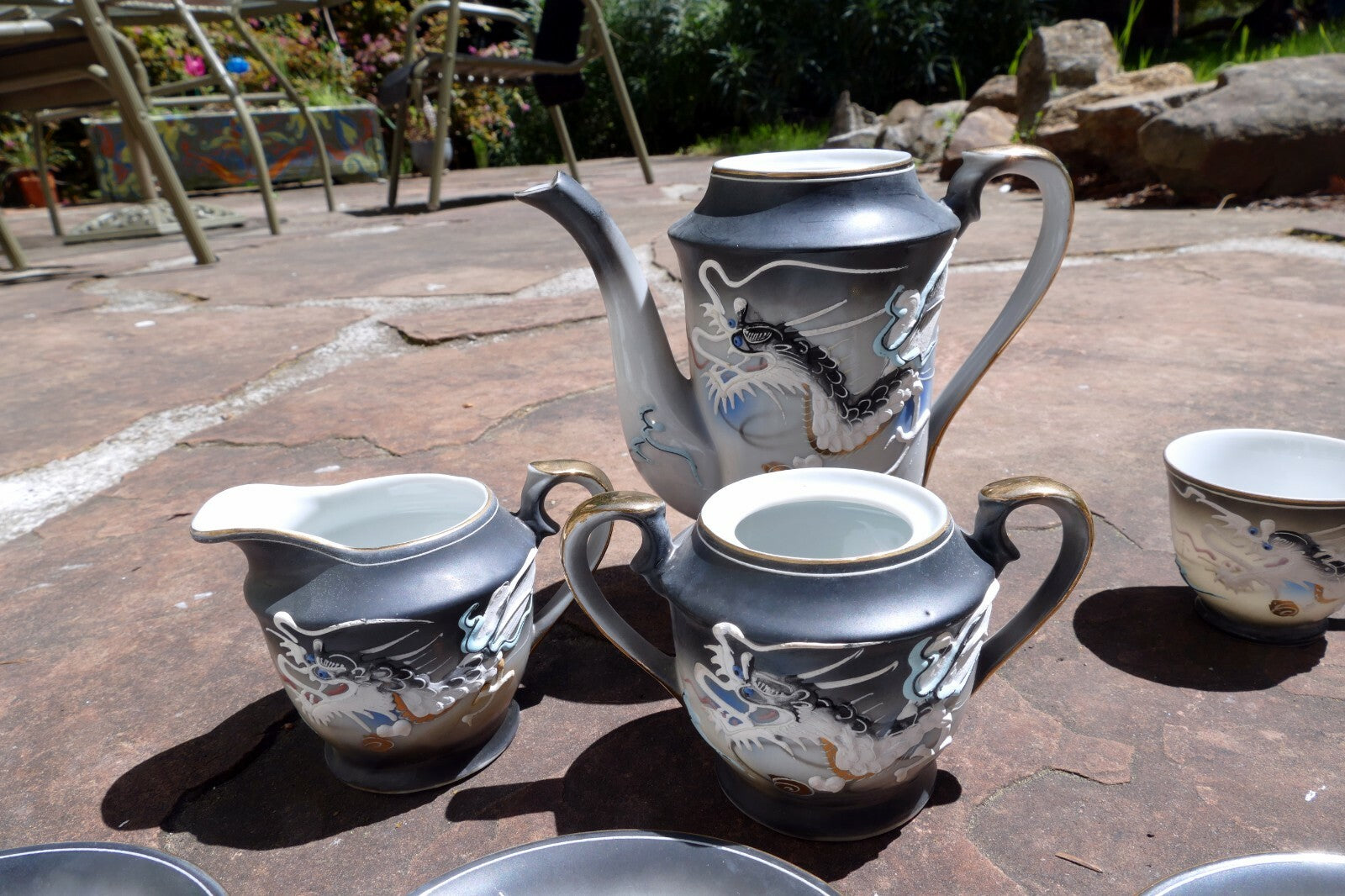 Tea set Creamer sugar Dragon Japan porcelain vintage Moriage  incomplete