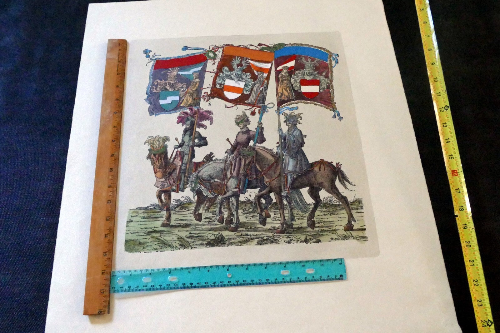 KNIGHT Flag Bearer HAND COLORED ENGRAVING large 21X24"