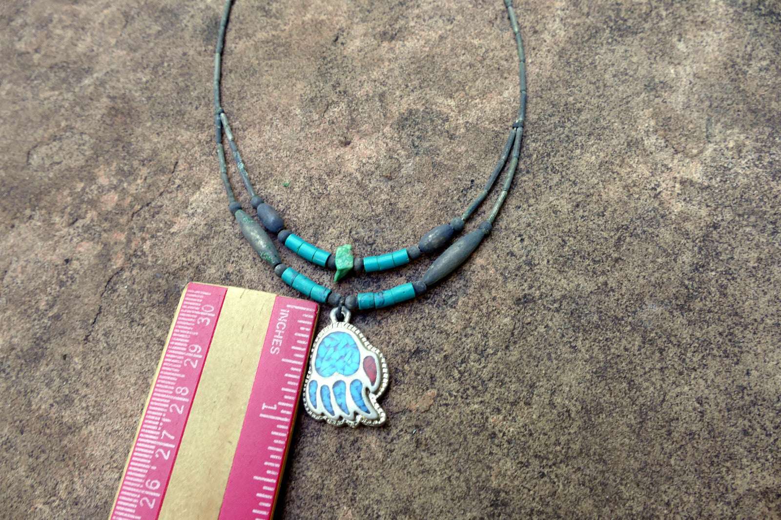 Bear Paw Brooch Necklace Inlaid Blue and Red Stones Crushed Tourquise Navajo
