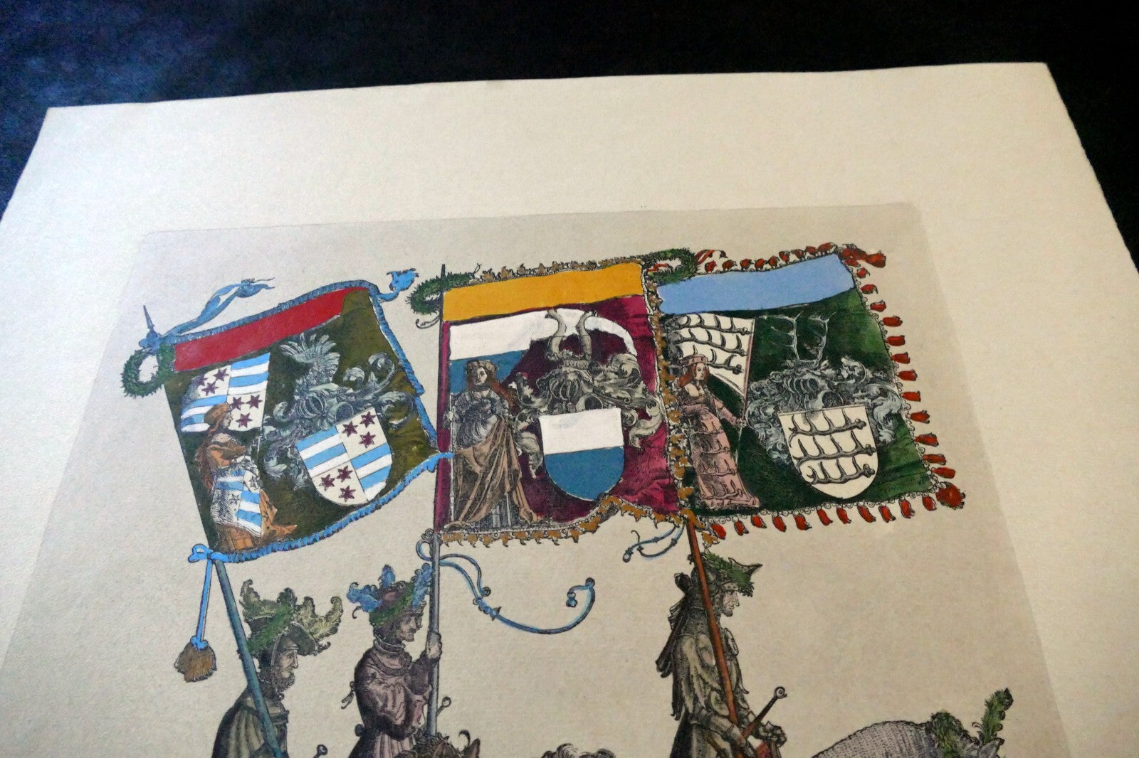 KNIGHT Flag Bearer HAND COLORED ENGRAVING large 21X24"