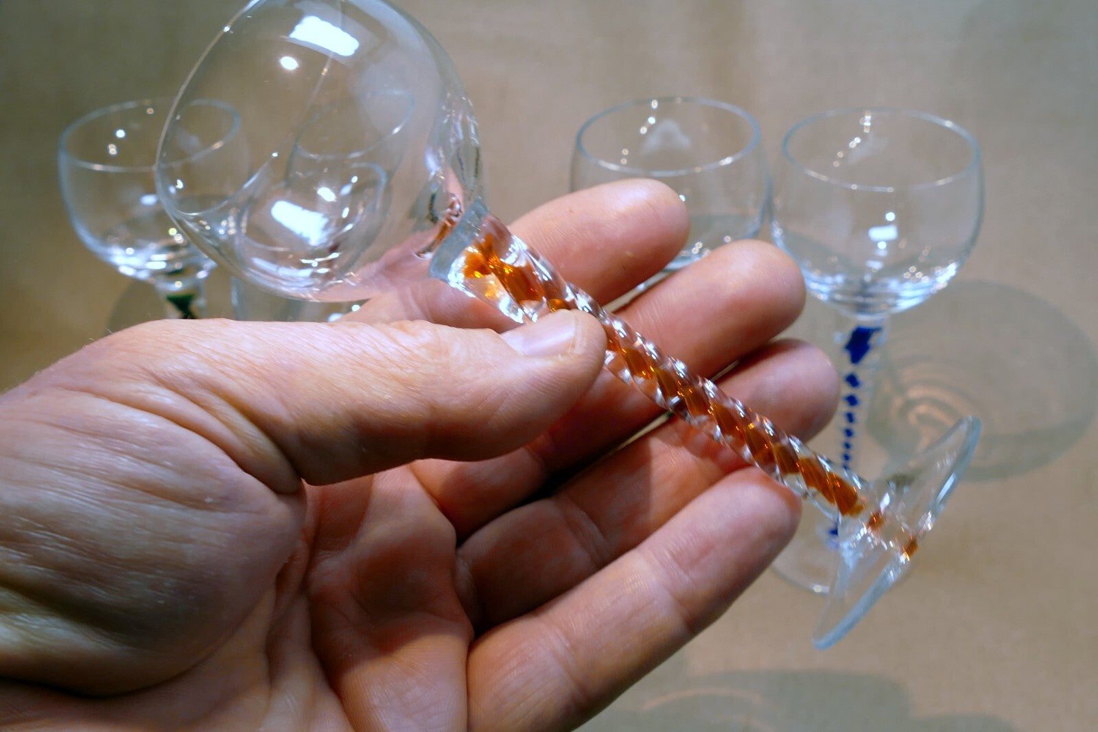 Goblet DSOT stem Conical Foot Green orange Blue Twisted crystal shot multi color