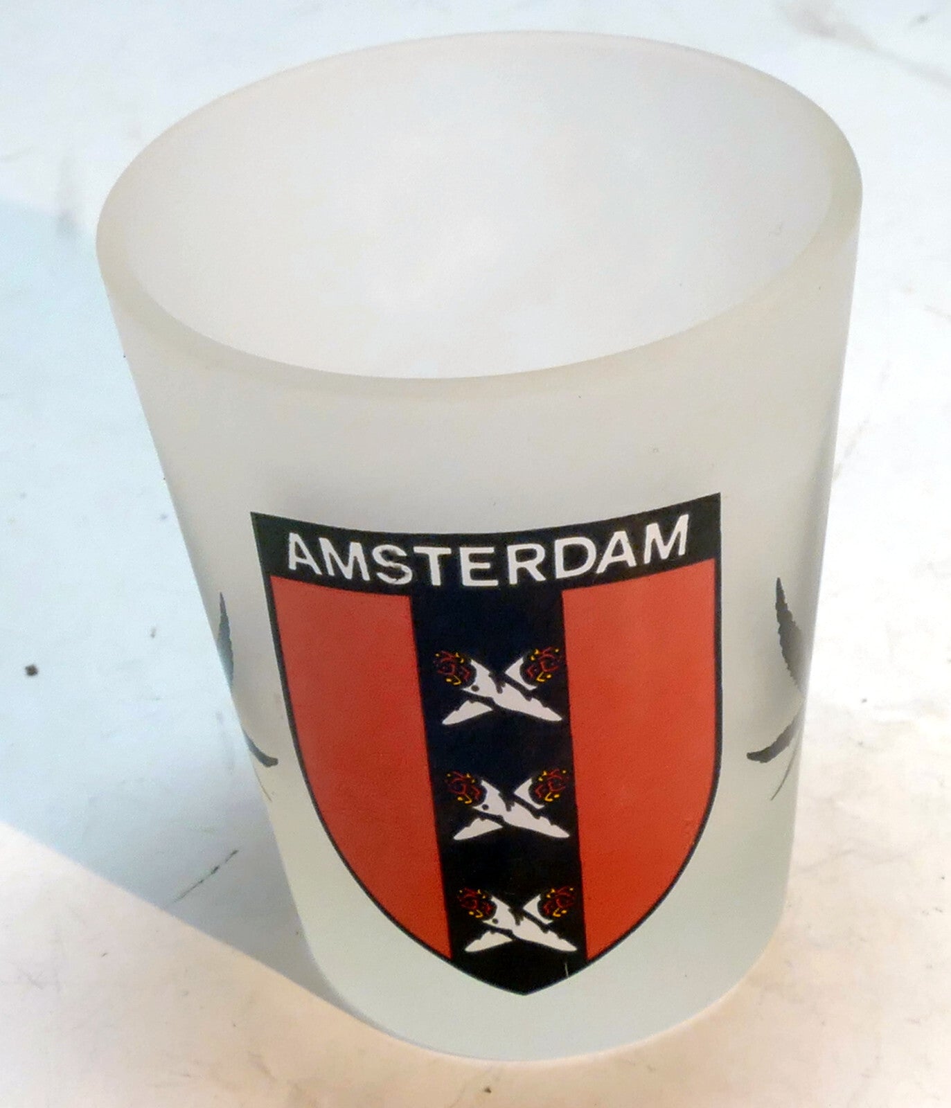 Vintage amsterdam shot frosted glass 1.5 oz with marihuana leath