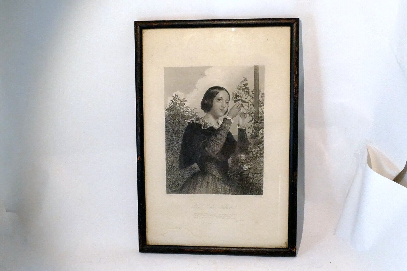"The Garden Flower" Woman Engraving Victorian J. Wright Print Etching Poetry