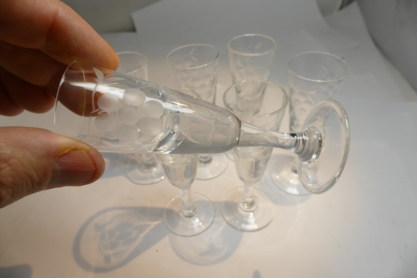 Lot of 7 Clear Crystal Goblets Cut Grape Ridges 1 oz Footed  Goblet small  set