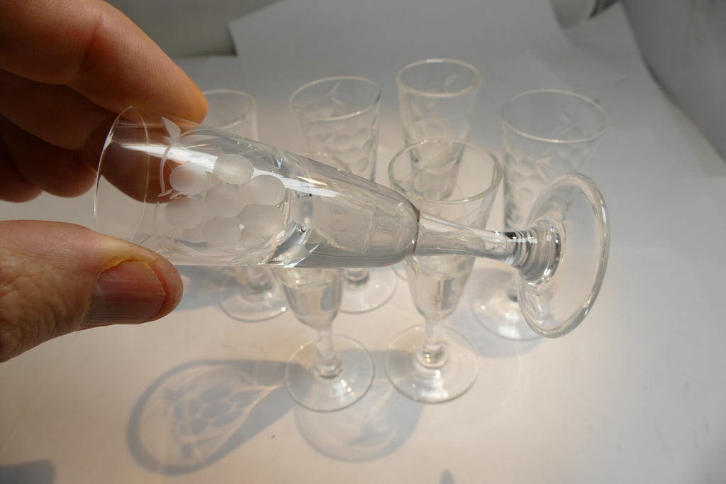 Lot of 7 Clear Crystal Goblets Cut Grape Ridges 1 oz Footed  Goblet small  set