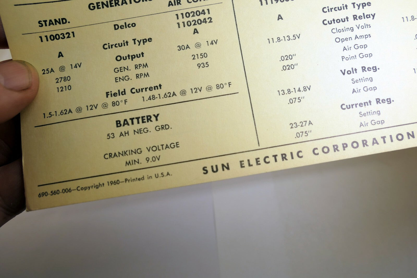 1956 Chrysler V8 1500 2100 2400 & Power Pak Sun Electric Car Specs Sheet Chart