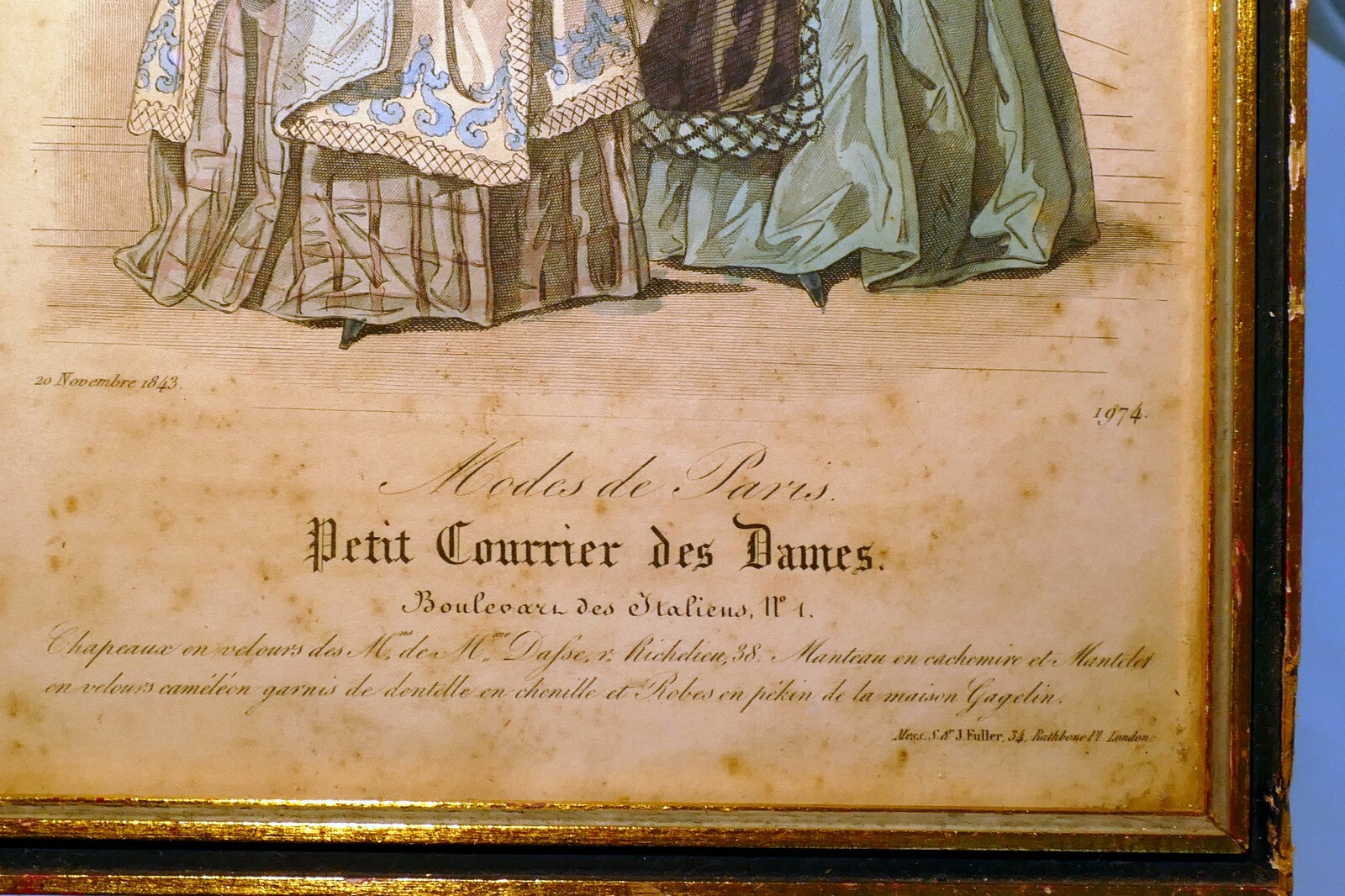 French Antique 1843 Hand coloured engraving Petit Courier des Dames Modes Paris