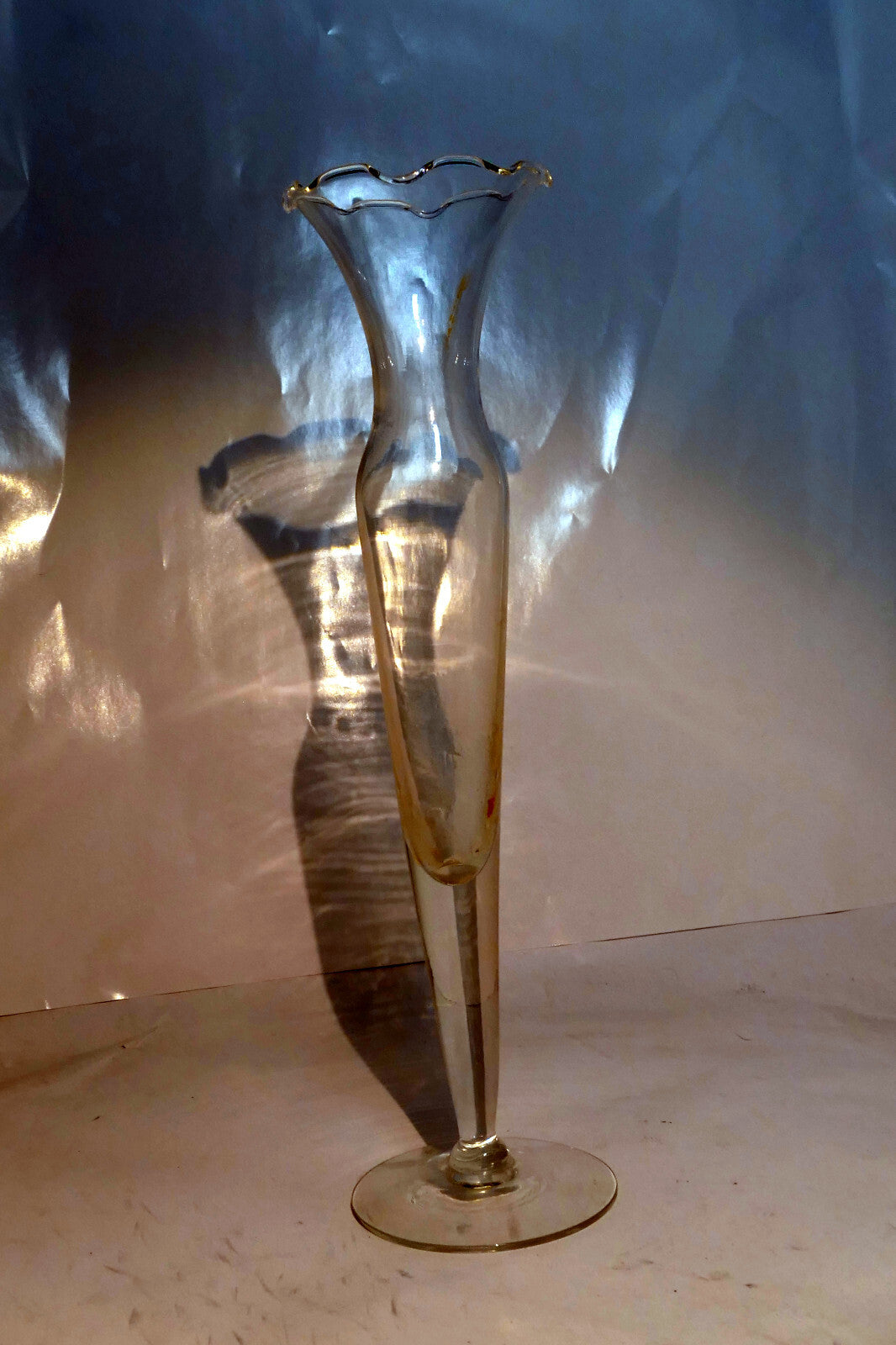 MCM Floral Etched Glass Footed 10" Bud Vase Ruffled Top - vintage
