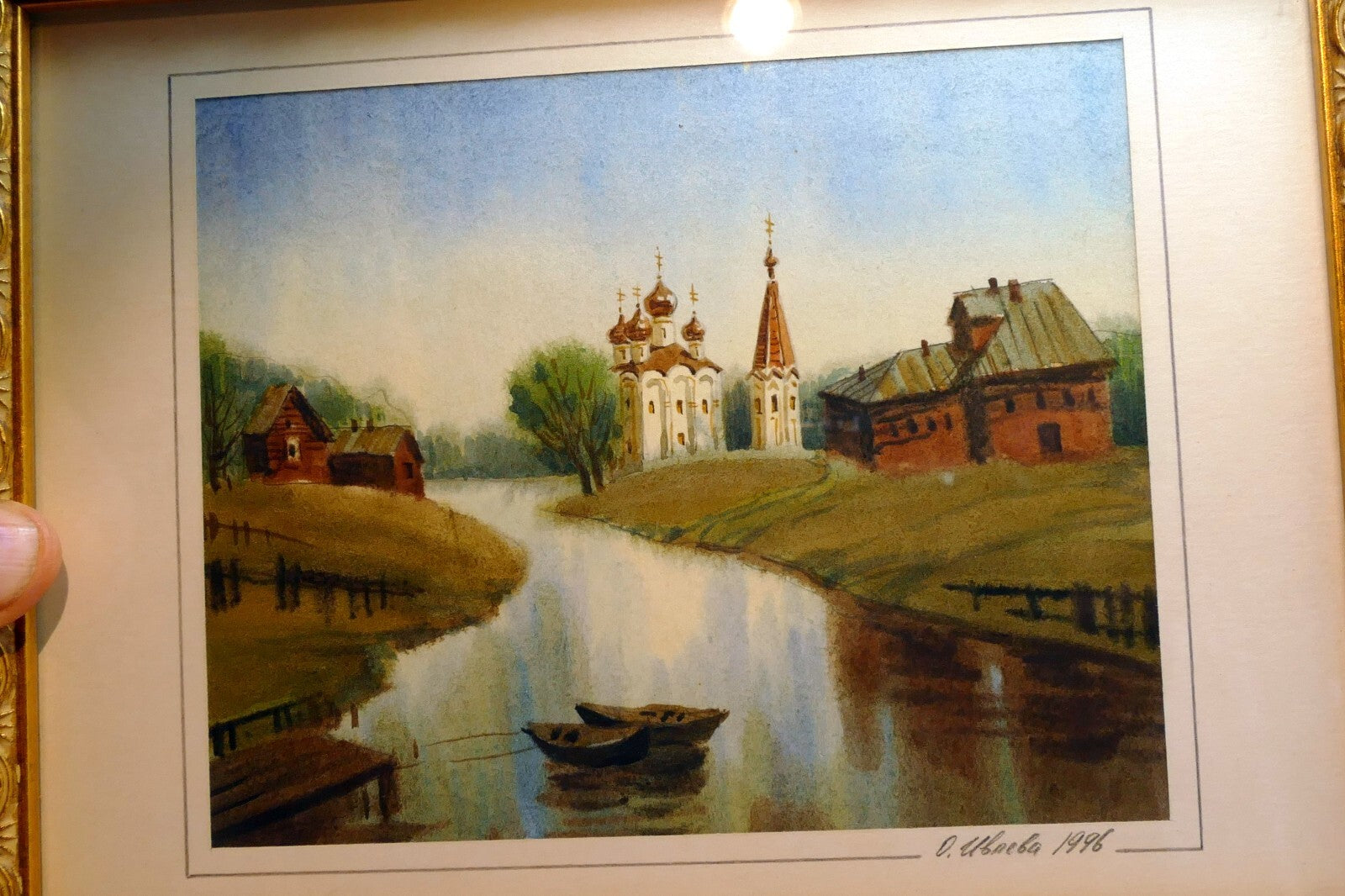 Olga Ivleva Watercolor Signed Russia village river church Art framed