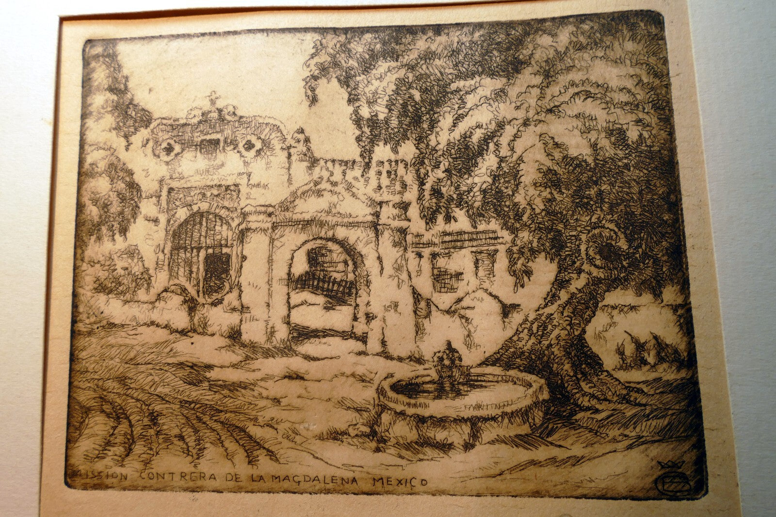 Mission Contrera de la Magdalena, Mexico Signed Etching 1900's  Stefan Bunyitay