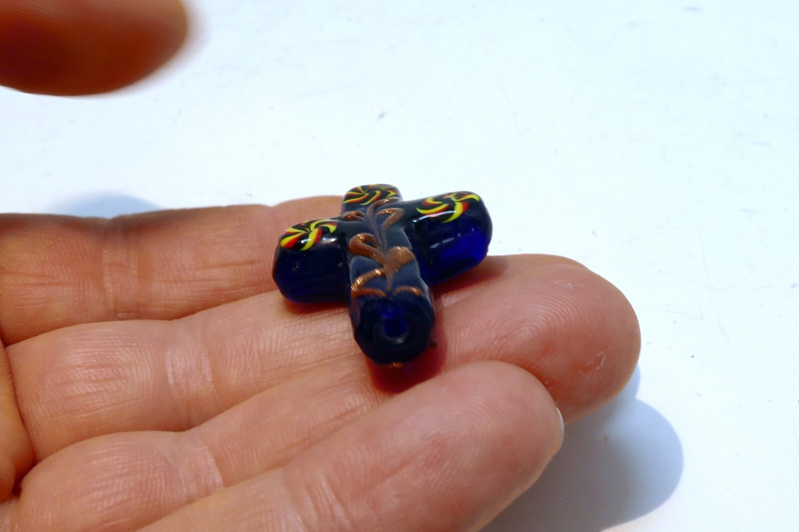 BLUE VENETIAN GLASS Dark Blue with Yellow floral design vintage 3.5cm