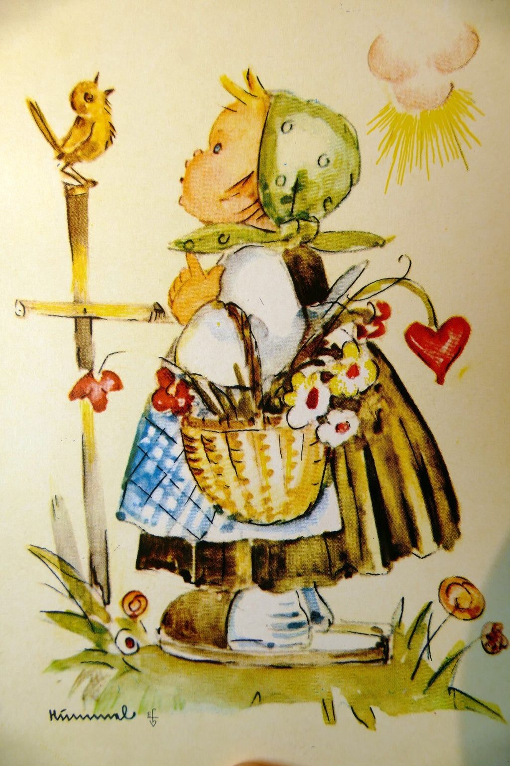 Hummel messengers of luck girl birds postcard w. germany art   unposted   mint