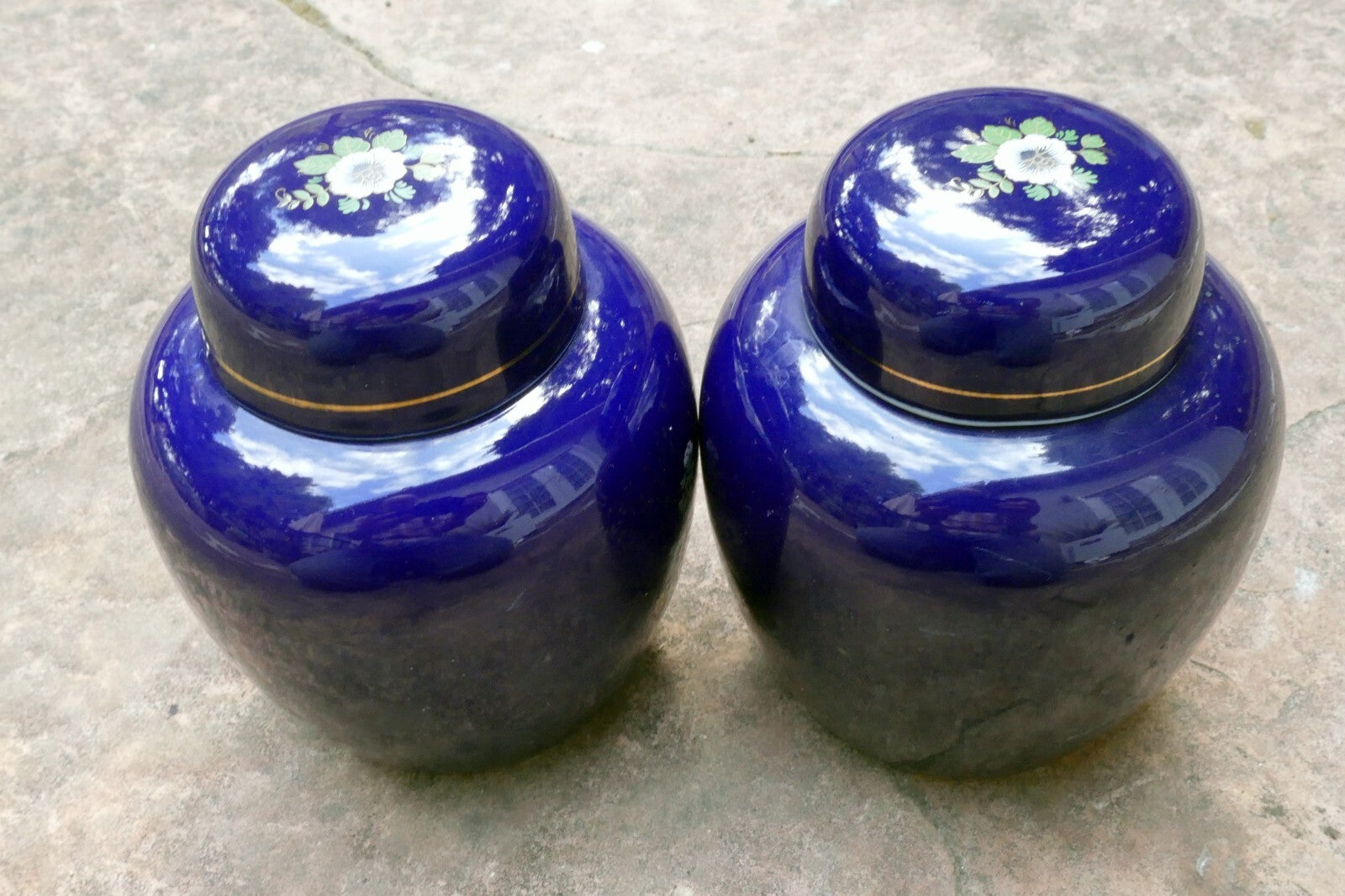 Kutani Ware Cobalt Blue Peacock/Floral Hand Painted Ginger Jar 5.5" tall 2 pack