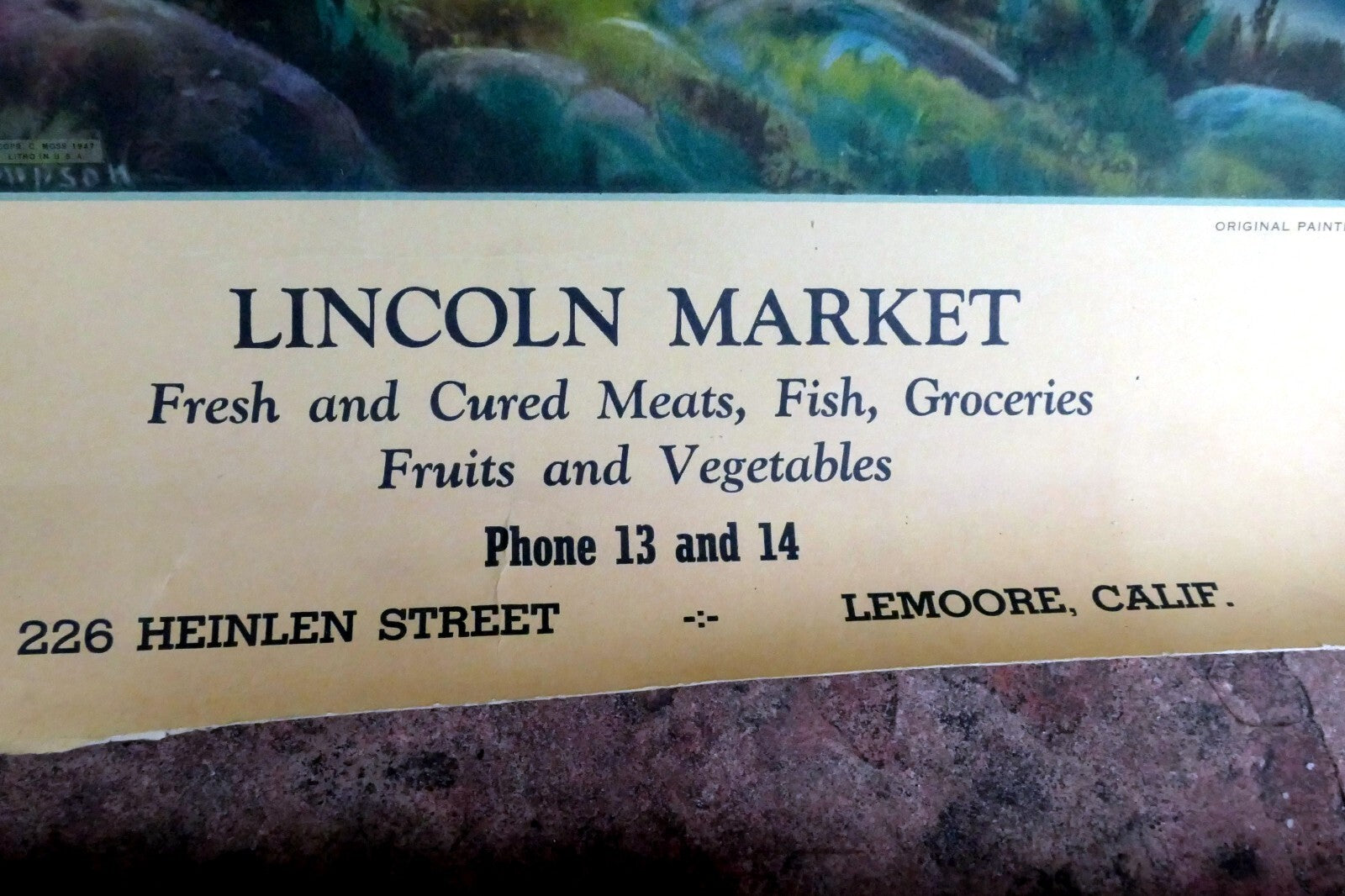 Lincoln Market 1949 Advertising Poster Calendar William Thompson Lemoore CA USA