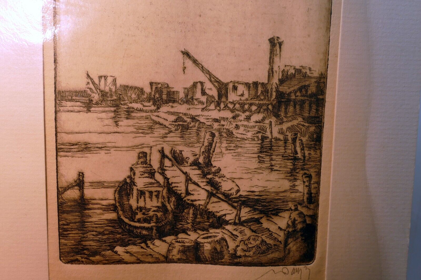 " San Francisco Bay"  Hand Signed Etching 19th century fisherman's wharf 1850's