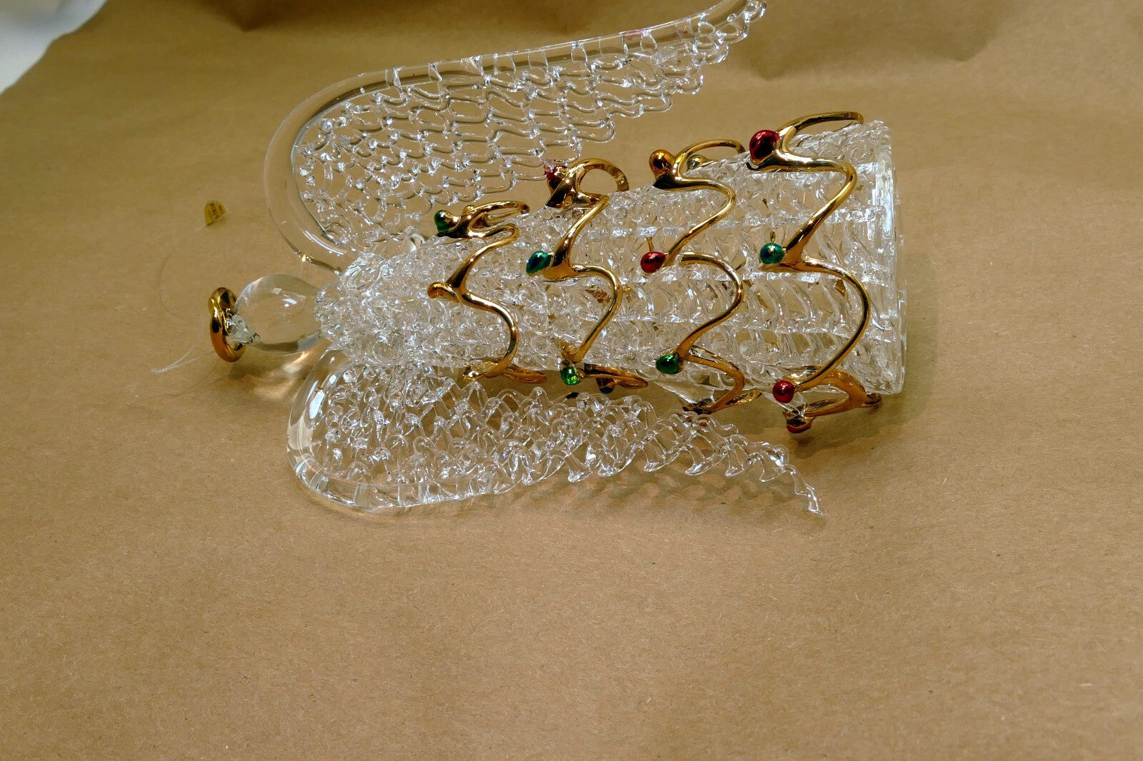 Spun Glass Crystal Christmas Ornament  gold green red hanging 6" tall Angel