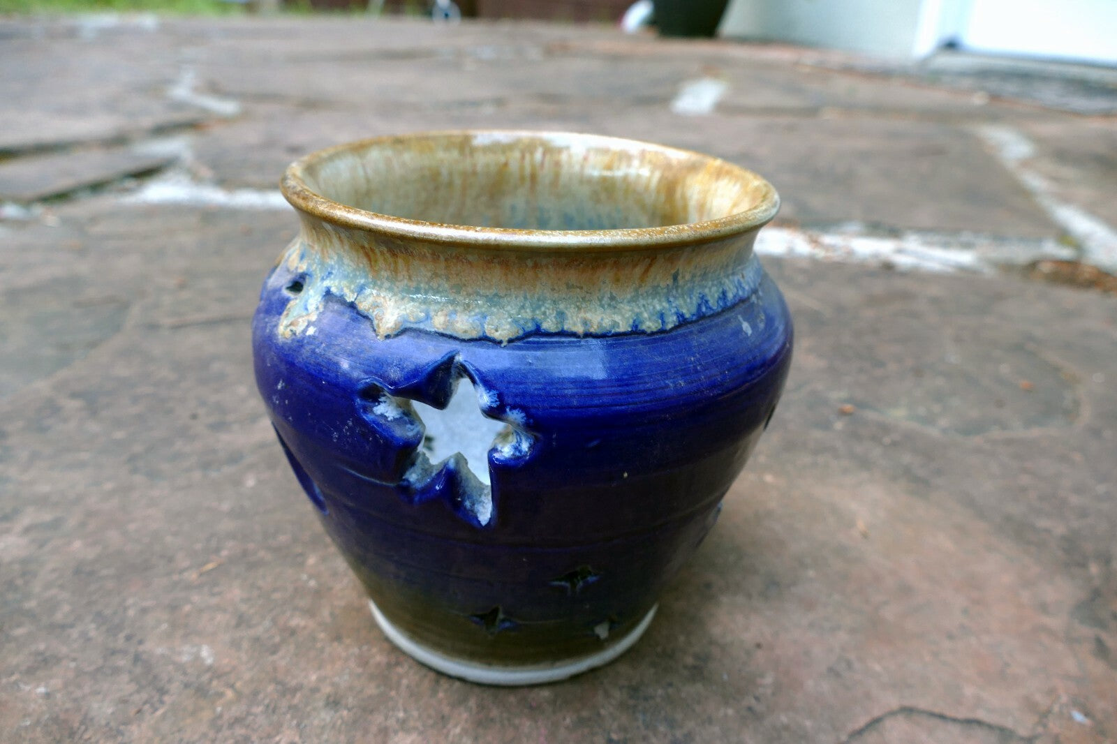 glazed planter Blue with stars 5.5X5.5" small succulent orchid candle holder
