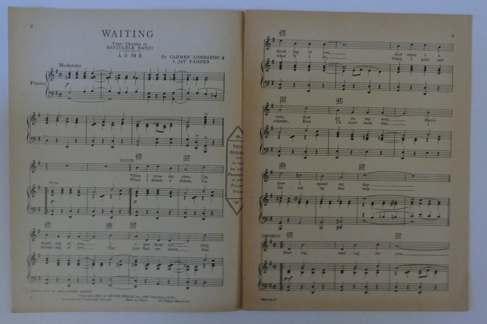 Waiting, 1928, by Carmen Lombardo and I. Jay Faggen, Irving Berlin Inc.