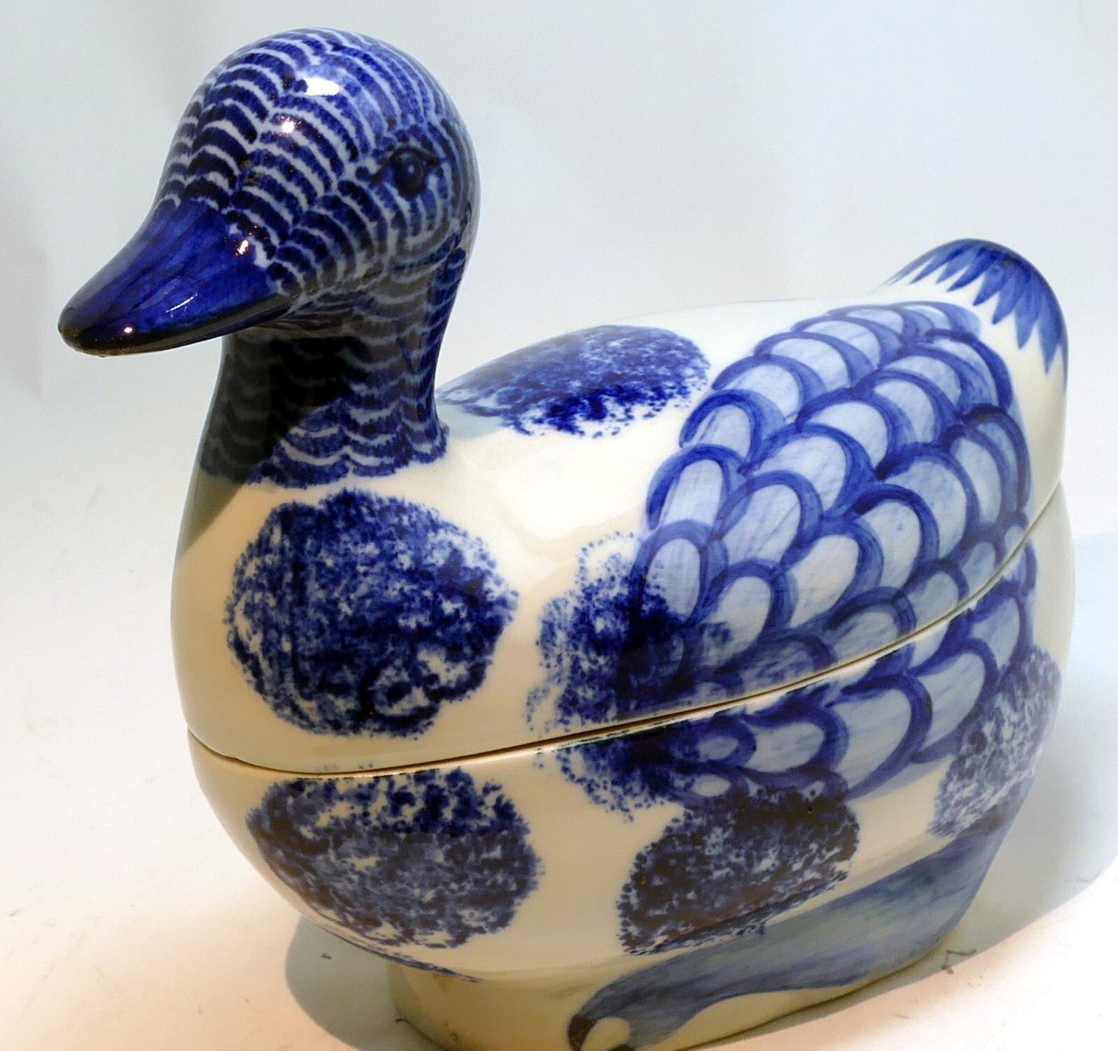 Vintage Ceramic Duck Goose Hand Painted Blue & White Trinket Box 6X4"