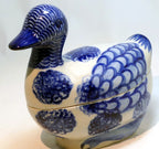 Vintage Ceramic Duck Goose Hand Painted Blue & White Trinket Box 6X4"