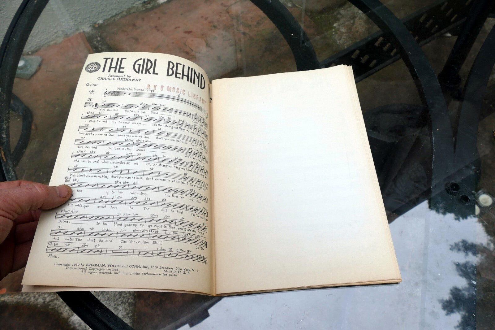 The Girl Behind Venetian blind Fox Trot Sheet Music 1939 orchestra Hathaway