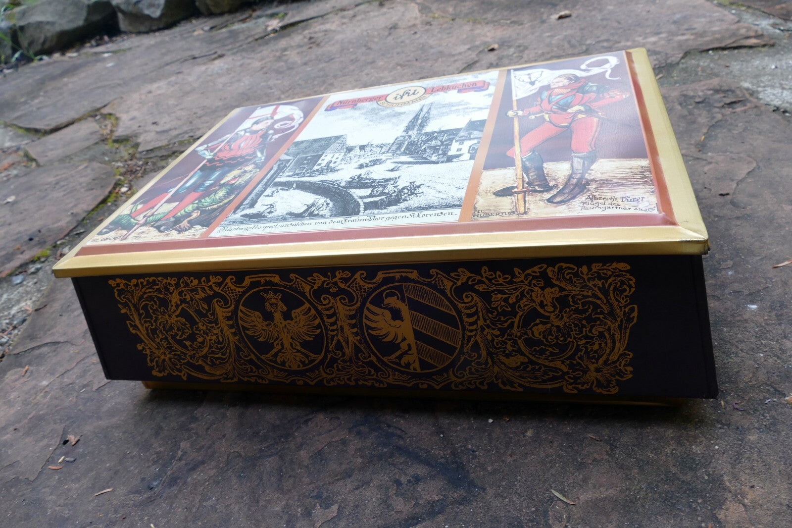 German Tin Box Schumann Nürnberger Burg Lebkuchen 12X15X5" large knight metal