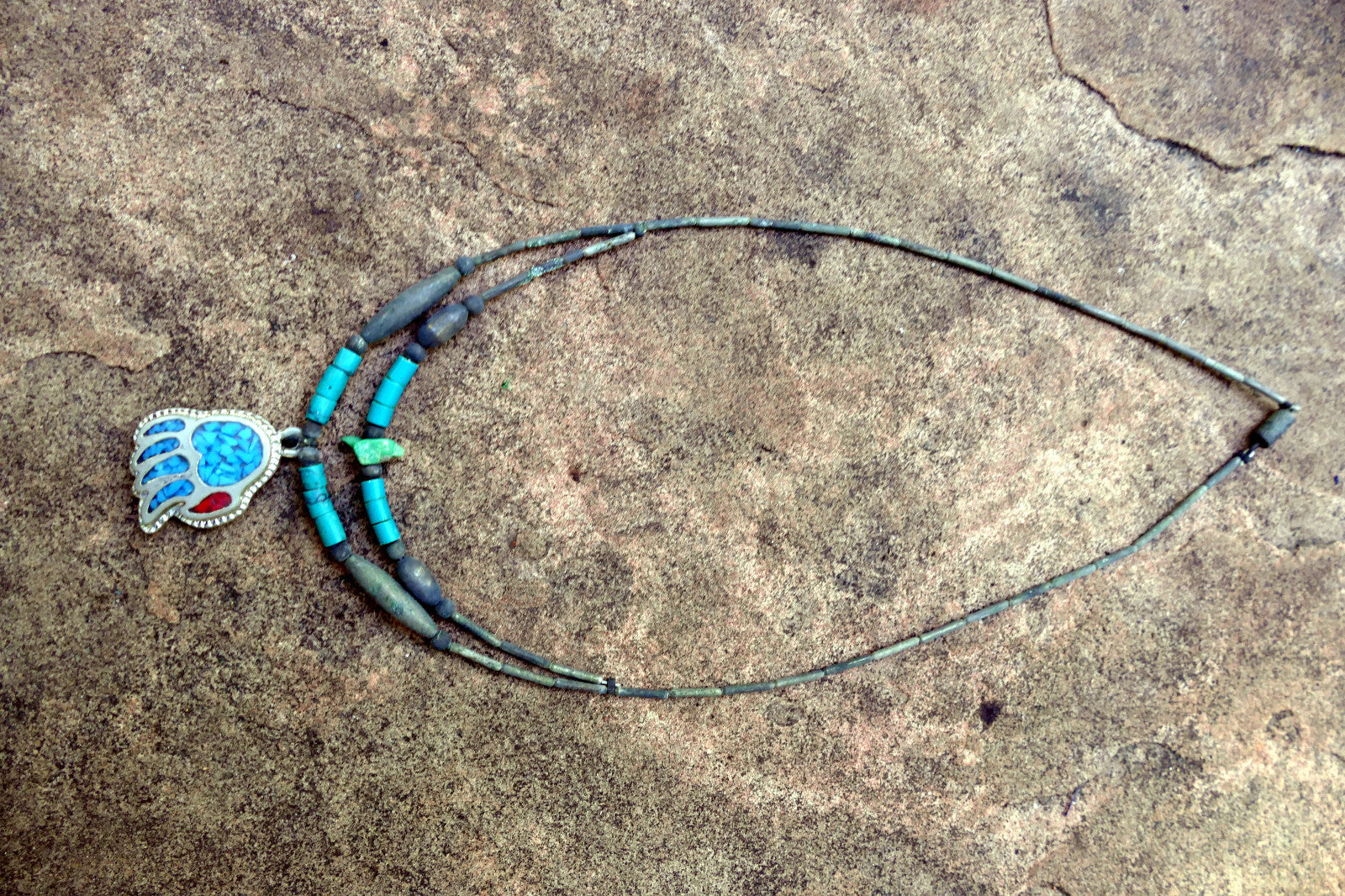 Bear Paw Brooch Necklace Inlaid Blue and Red Stones Crushed Tourquise Navajo