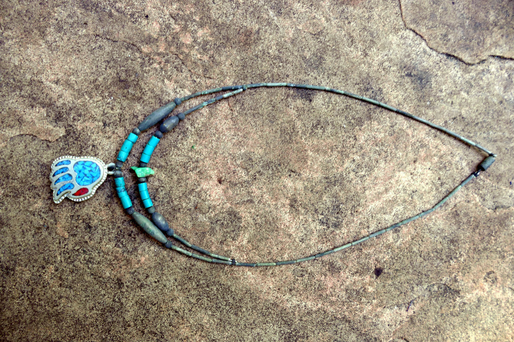 Bear Paw Brooch Necklace Inlaid Blue and Red Stones Crushed Tourquise Navajo
