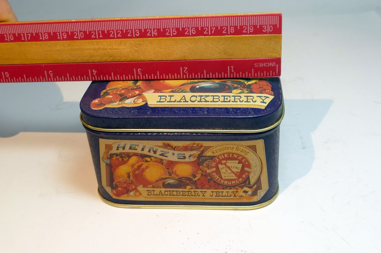 Vintage Heinz’s Blackberry Jelly Tin Can empty rectangle