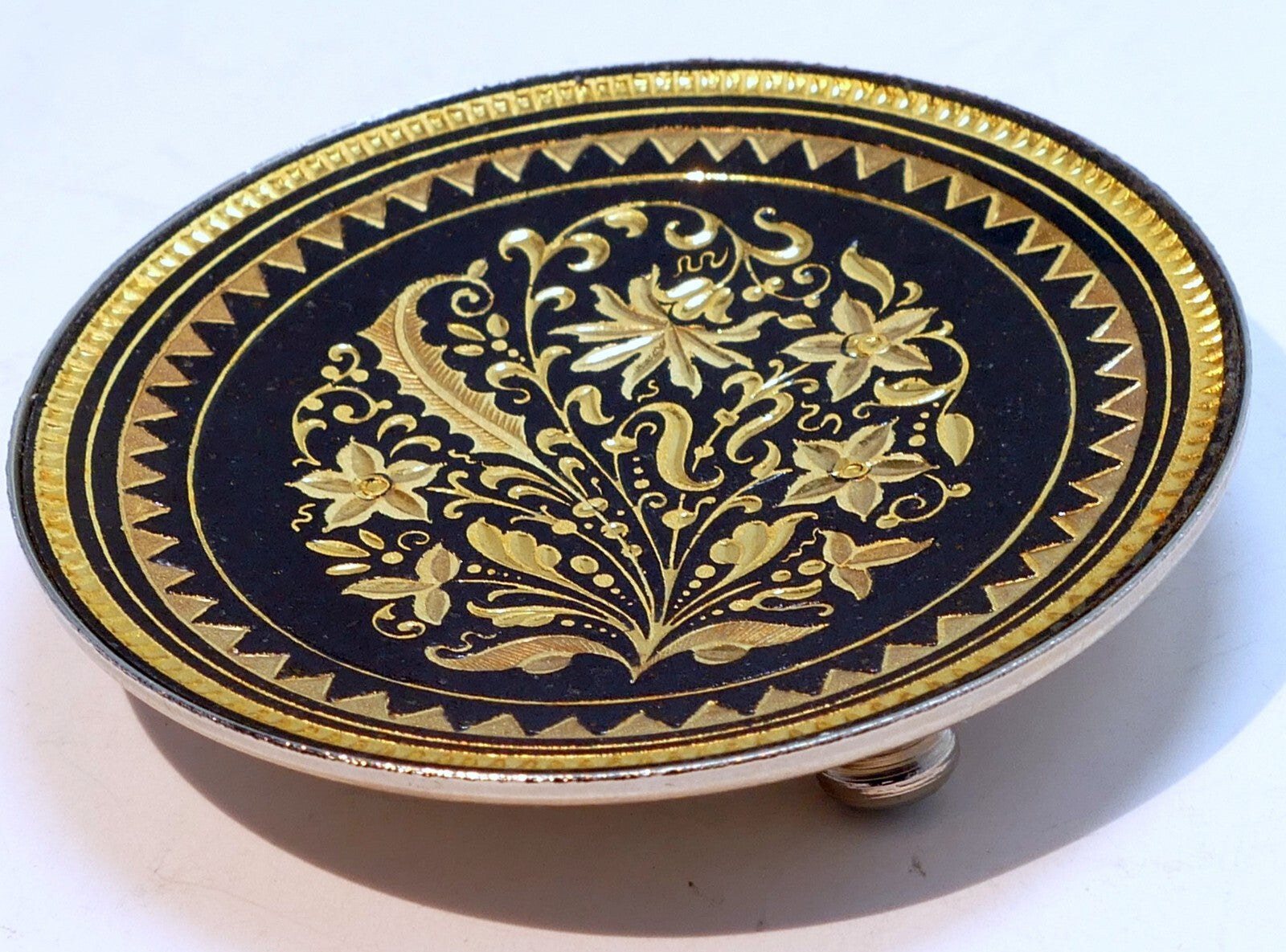 Damascene black and 24k gold footed decorative dish toledo   7cm floral