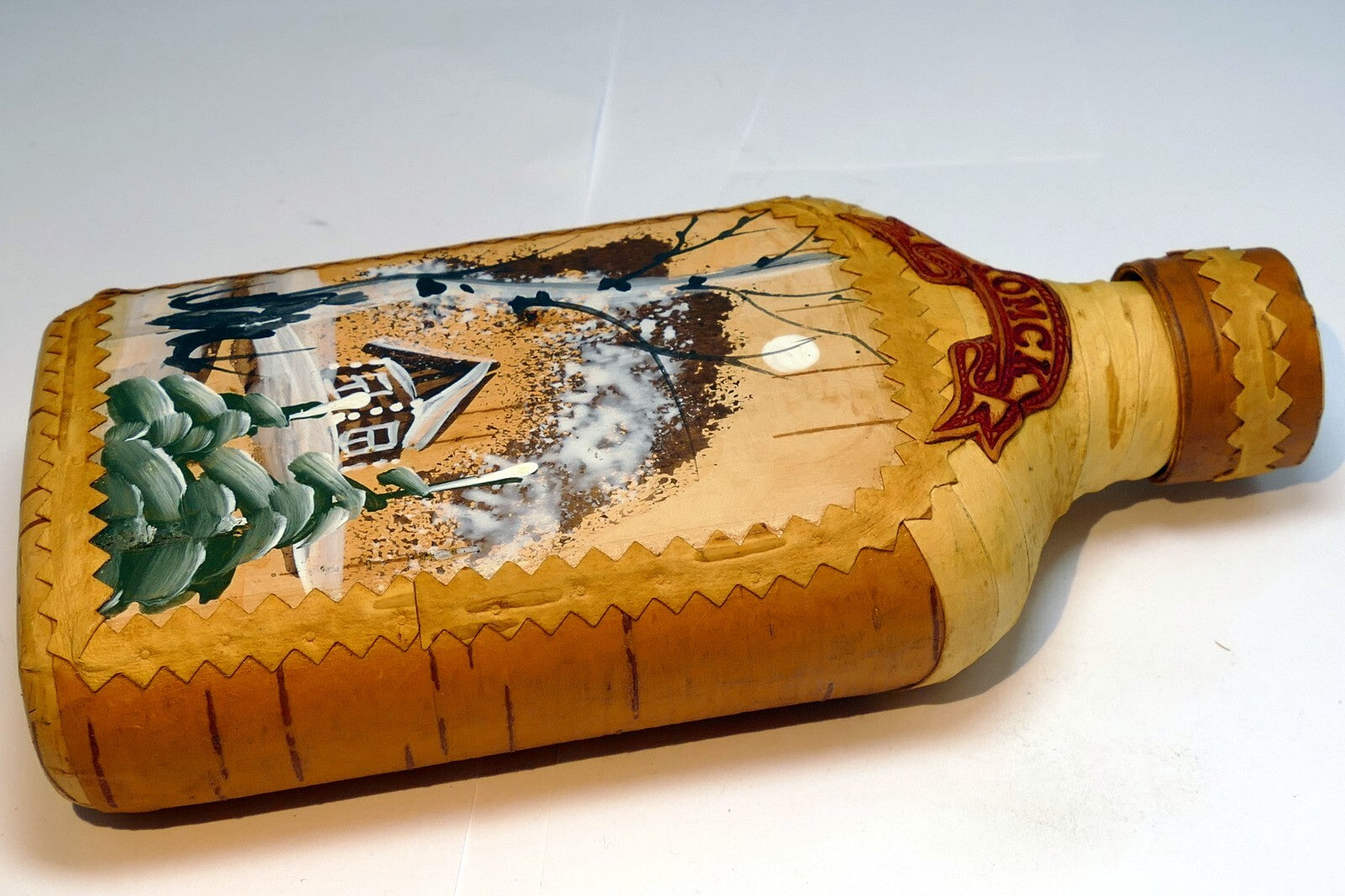 Birch Bark Wrapped Tomsk Russia Siberia Glass Bottle Hip Flask Liquor Whiskey