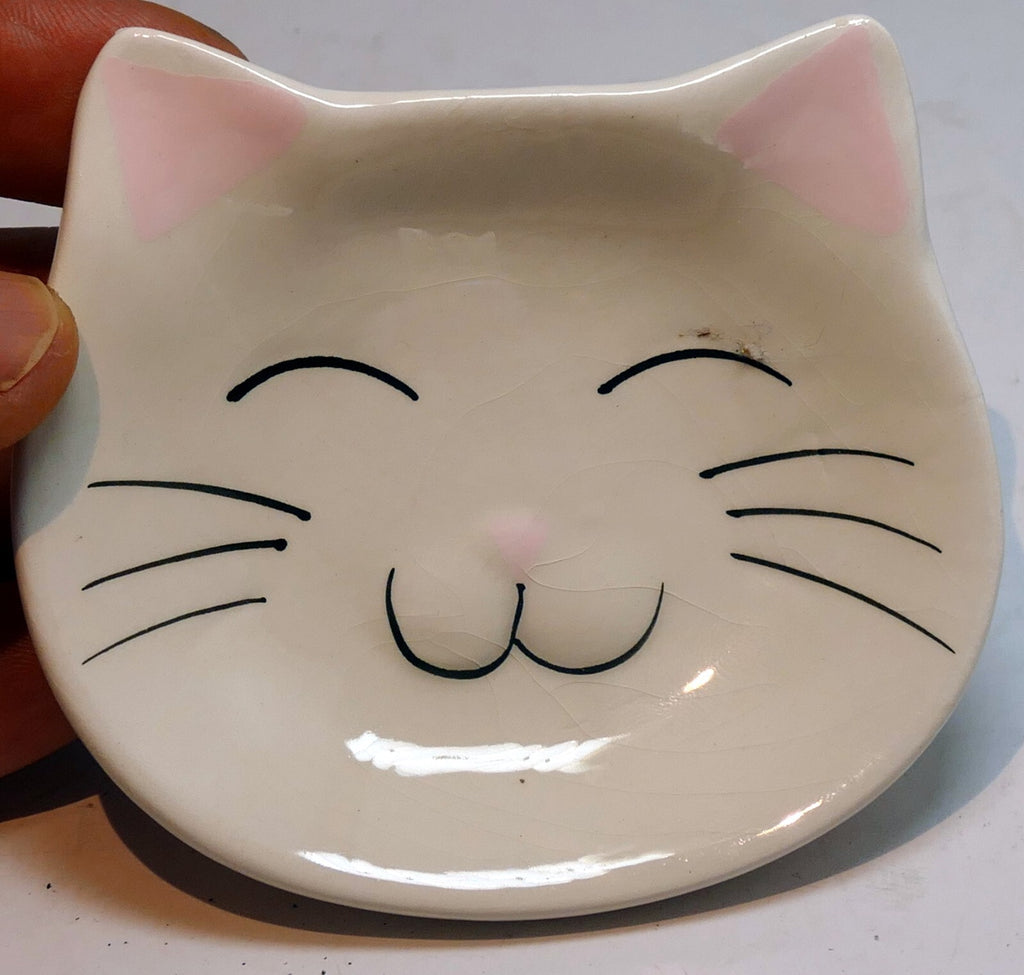 Small dish, tea bag plate, ceramic cat shaped pink white smiling cat